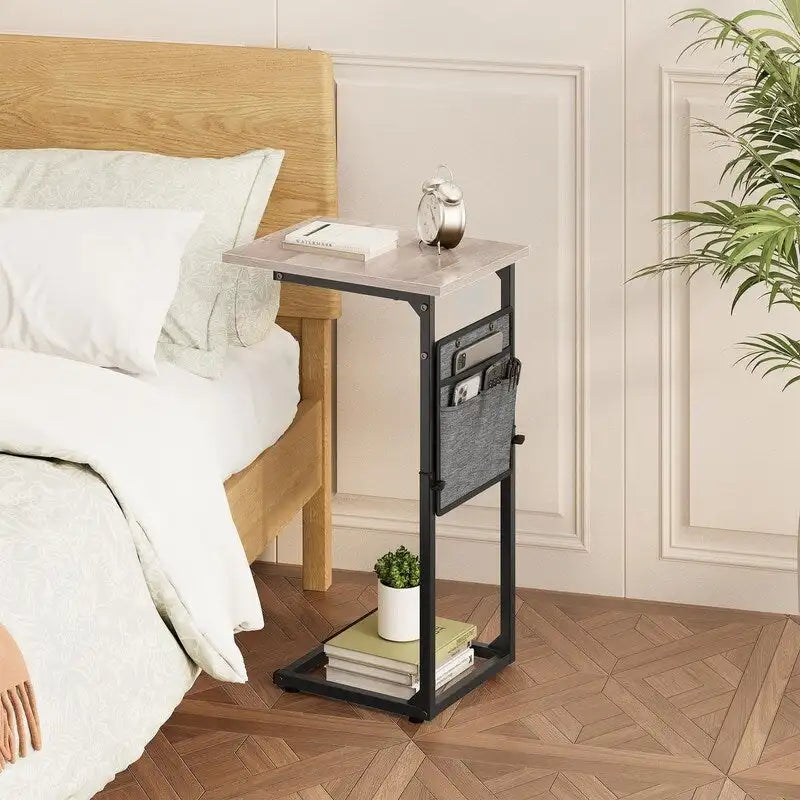 Table d'appoint en C à hauteur réglable avec sac de rangement – Marron rustique / Greige / Noir / Blanc – 1 personne