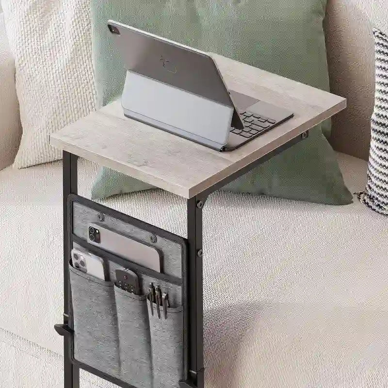 Table d'appoint en C à hauteur réglable avec sac de rangement – Marron rustique / Greige / Noir / Blanc – 1 personne
