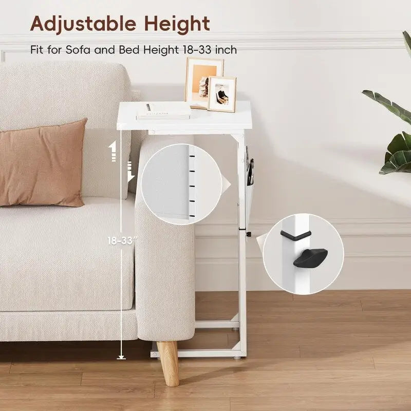 Table d'appoint en C à hauteur réglable avec sac de rangement – Marron rustique / Greige / Noir / Blanc – 1 personne