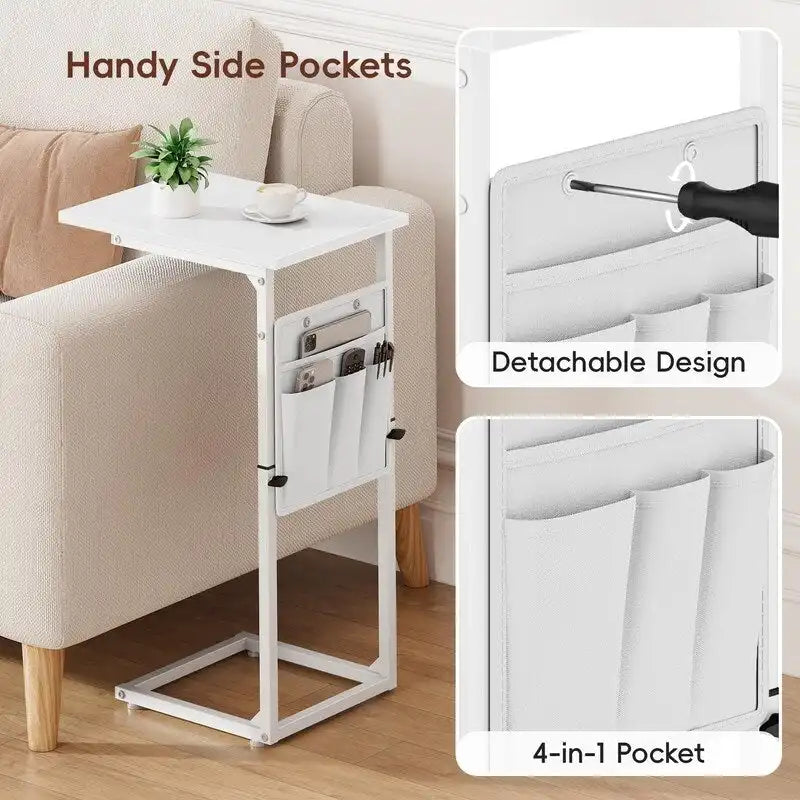 Table d'appoint en C à hauteur réglable avec sac de rangement – Marron rustique / Greige / Noir / Blanc – 1 personne