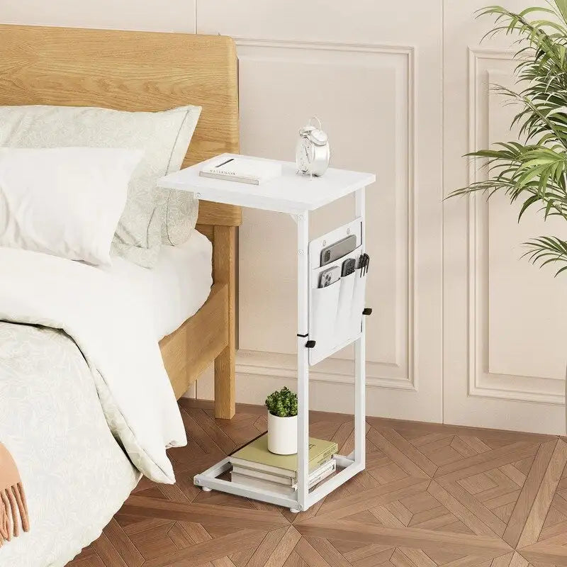 Table d'appoint en C à hauteur réglable avec sac de rangement – Marron rustique / Greige / Noir / Blanc – 1 personne