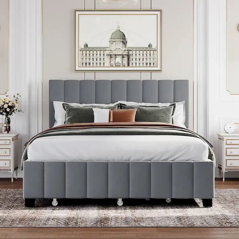 Lit plateforme capitonné en velours gris/beige, format Queen, avec lit gigogne et 2 tiroirs, 2 personnes