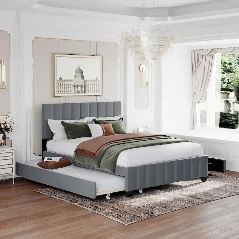 Lit plateforme capitonné en velours gris/beige, format Queen, avec lit gigogne et 2 tiroirs, 2 personnes