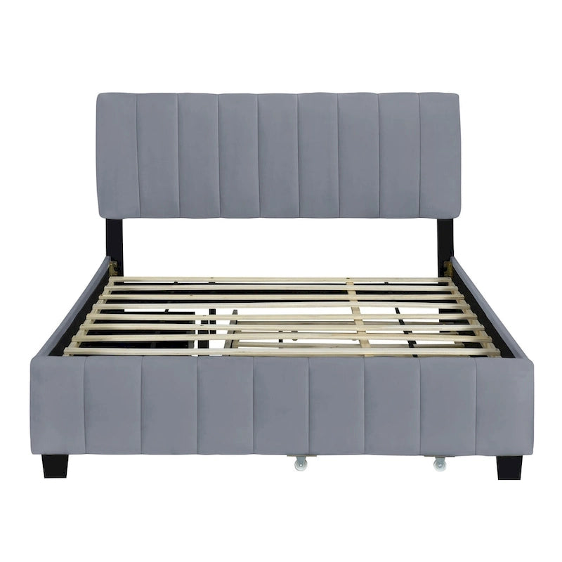 Lit plateforme capitonné en velours gris/beige, format Queen, avec lit gigogne et 2 tiroirs, 2 personnes