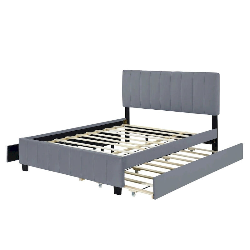 Lit plateforme capitonné en velours gris/beige, format Queen, avec lit gigogne et 2 tiroirs, 2 personnes