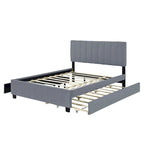 Lit plateforme capitonné en velours gris/beige, format Queen, avec lit gigogne et 2 tiroirs, 2 personnes