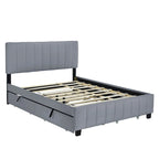 Lit plateforme capitonné en velours gris/beige, format Queen, avec lit gigogne et 2 tiroirs, 2 personnes