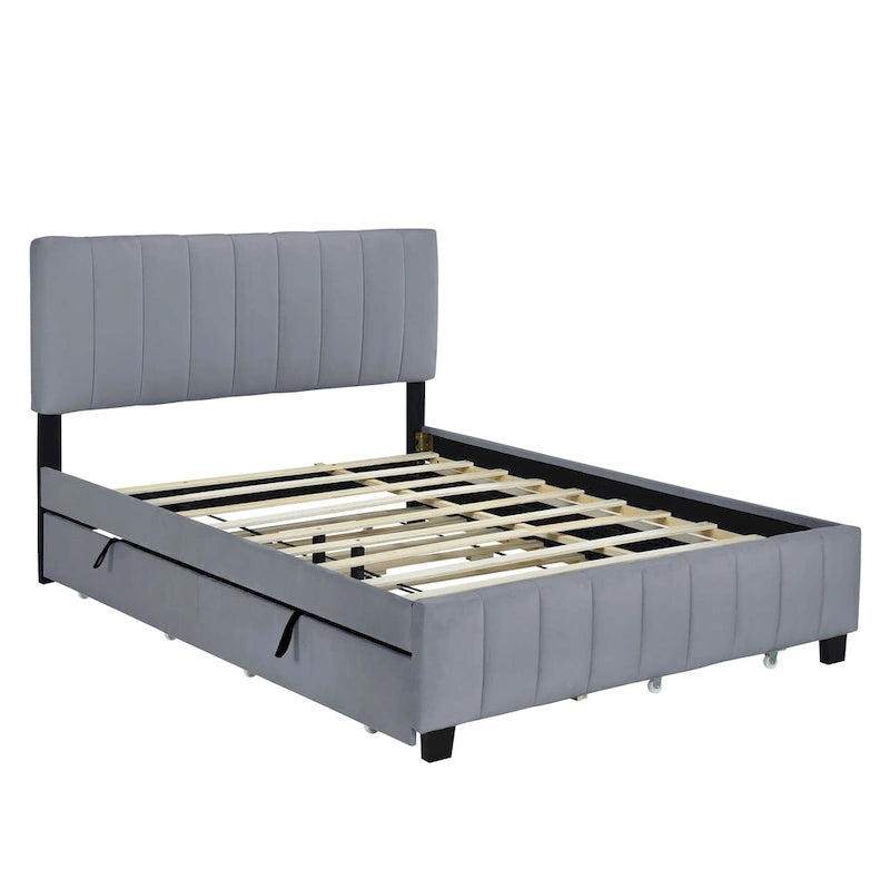 Lit plateforme capitonné en velours gris/beige, format Queen, avec lit gigogne et 2 tiroirs, 2 personnes