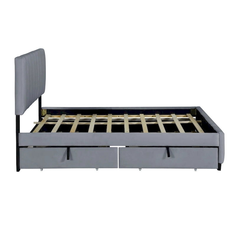 Lit plateforme capitonné en velours gris/beige, format Queen, avec lit gigogne et 2 tiroirs, 2 personnes
