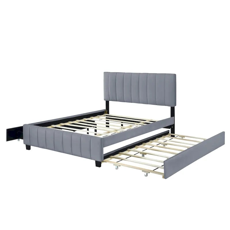 Lit plateforme capitonné en velours gris/beige, format Queen, avec lit gigogne et 2 tiroirs, 2 personnes