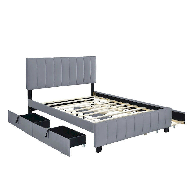 Lit plateforme capitonné en velours gris/beige, format Queen, avec lit gigogne et 2 tiroirs, 2 personnes
