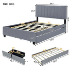 Lit plateforme capitonné en velours gris/beige, format Queen, avec lit gigogne et 2 tiroirs, 2 personnes