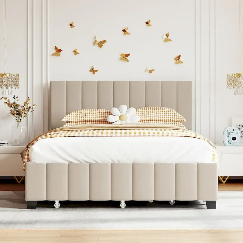 Lit plateforme capitonné en velours gris/beige, format Queen, avec lit gigogne et 2 tiroirs, 2 personnes