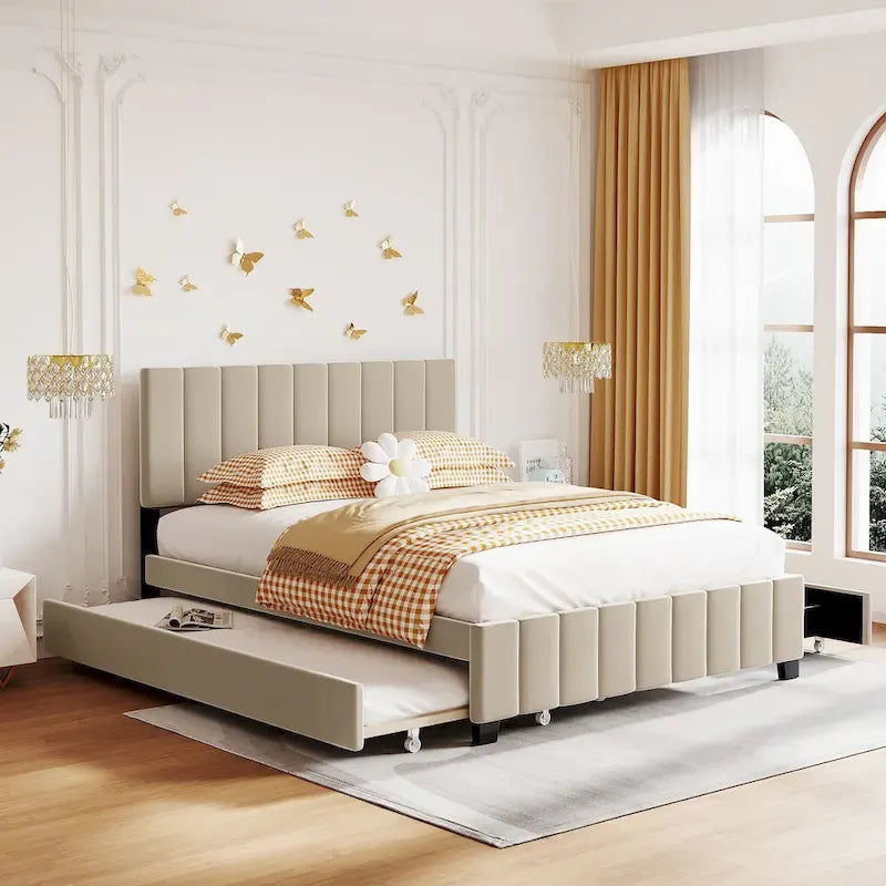 Lit plateforme capitonné en velours gris/beige, format Queen, avec lit gigogne et 2 tiroirs, 2 personnes