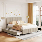 Lit plateforme capitonné en velours gris/beige, format Queen, avec lit gigogne et 2 tiroirs, 2 personnes