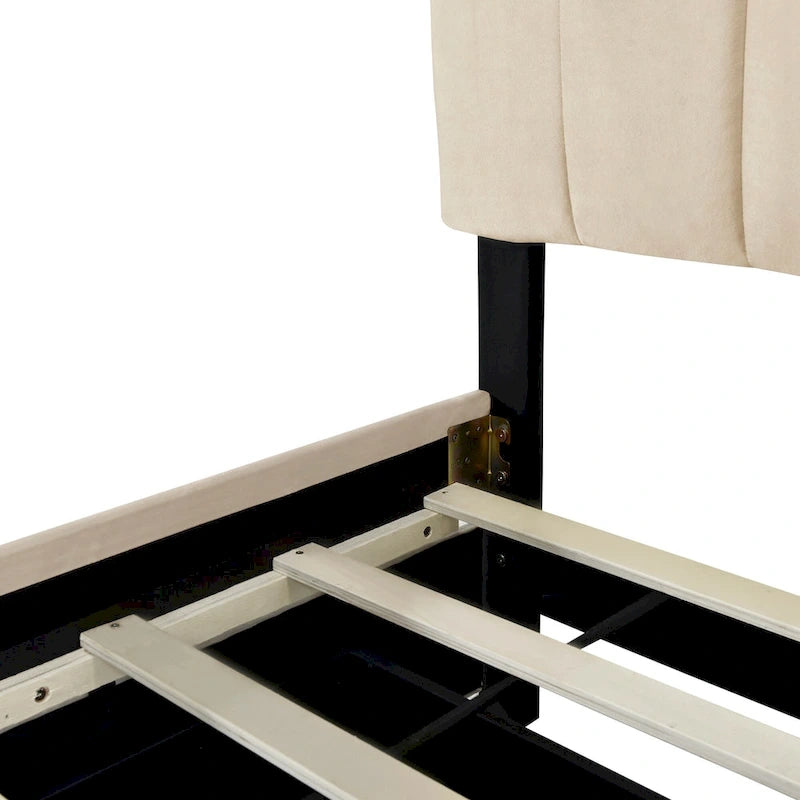 Lit plateforme capitonné en velours gris/beige, format Queen, avec lit gigogne et 2 tiroirs, 2 personnes