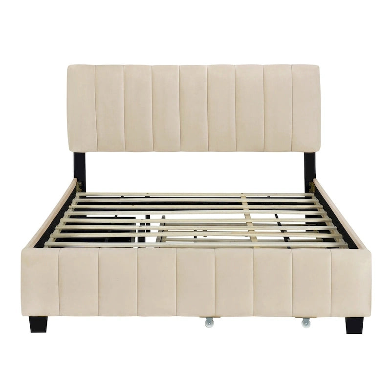 Lit plateforme capitonné en velours gris/beige, format Queen, avec lit gigogne et 2 tiroirs, 2 personnes