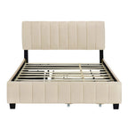 Lit plateforme capitonné en velours gris/beige, format Queen, avec lit gigogne et 2 tiroirs, 2 personnes