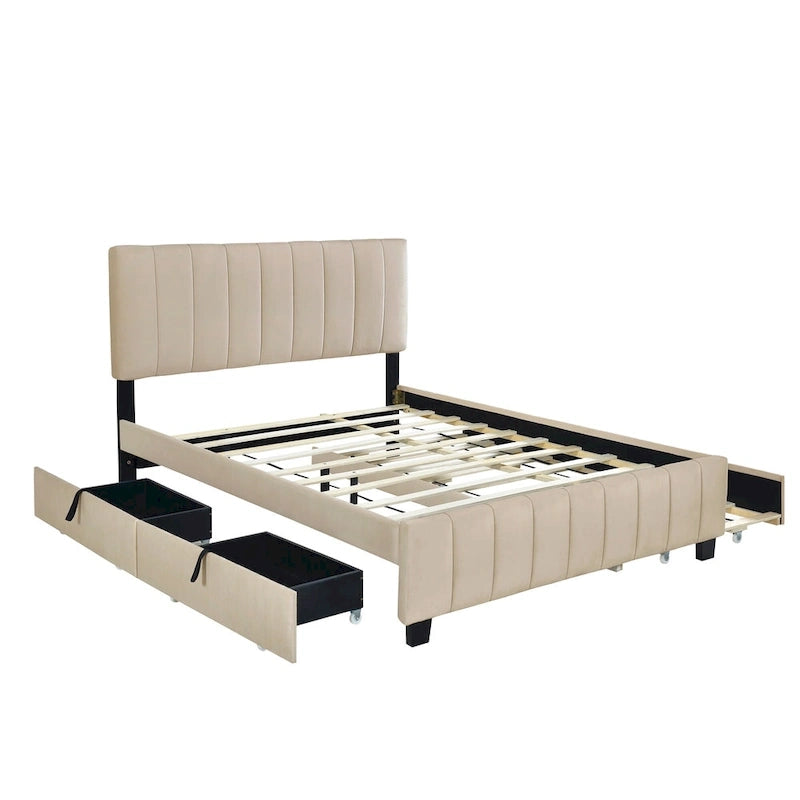 Lit plateforme capitonné en velours gris/beige, format Queen, avec lit gigogne et 2 tiroirs, 2 personnes