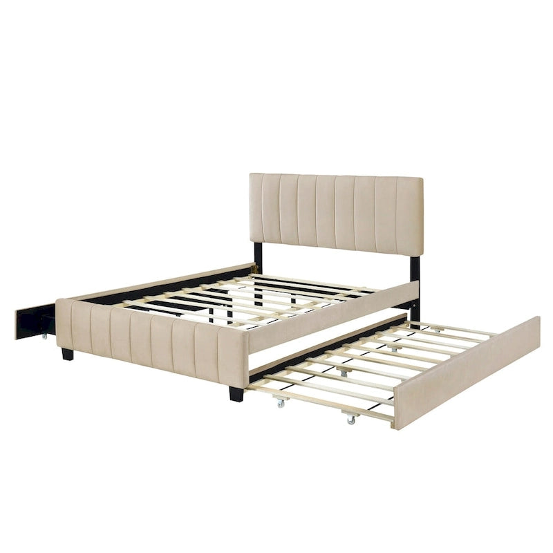 Lit plateforme capitonné en velours gris/beige, format Queen, avec lit gigogne et 2 tiroirs, 2 personnes