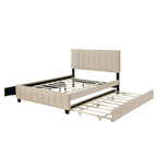 Lit plateforme capitonné en velours gris/beige, format Queen, avec lit gigogne et 2 tiroirs, 2 personnes