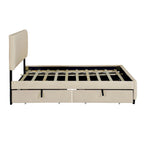 Lit plateforme capitonné en velours gris/beige, format Queen, avec lit gigogne et 2 tiroirs, 2 personnes