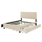 Lit plateforme capitonné en velours gris/beige, format Queen, avec lit gigogne et 2 tiroirs, 2 personnes