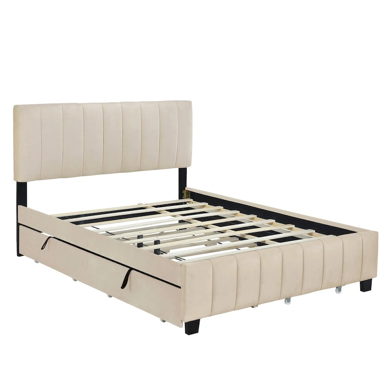 Lit plateforme capitonné en velours gris/beige, format Queen, avec lit gigogne et 2 tiroirs, 2 personnes