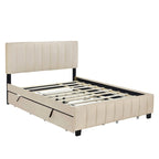 Lit plateforme capitonné en velours gris/beige, format Queen, avec lit gigogne et 2 tiroirs, 2 personnes