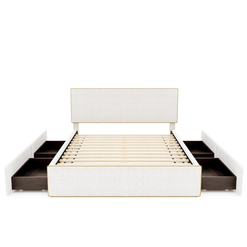 Lit plateforme tapissier blanc Queen avec 4 tiroirs de rangement, 1 personne