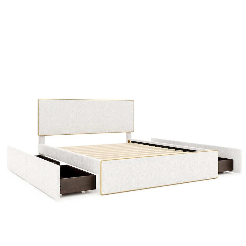 Lit plateforme tapissier blanc Queen avec 4 tiroirs de rangement, 1 personne