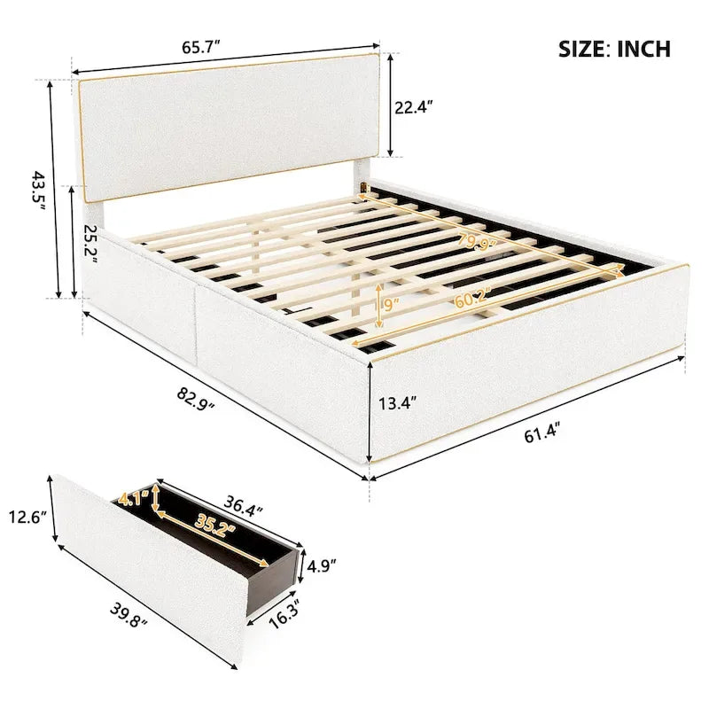 Lit plateforme tapissier blanc Queen avec 4 tiroirs de rangement, 1 personne