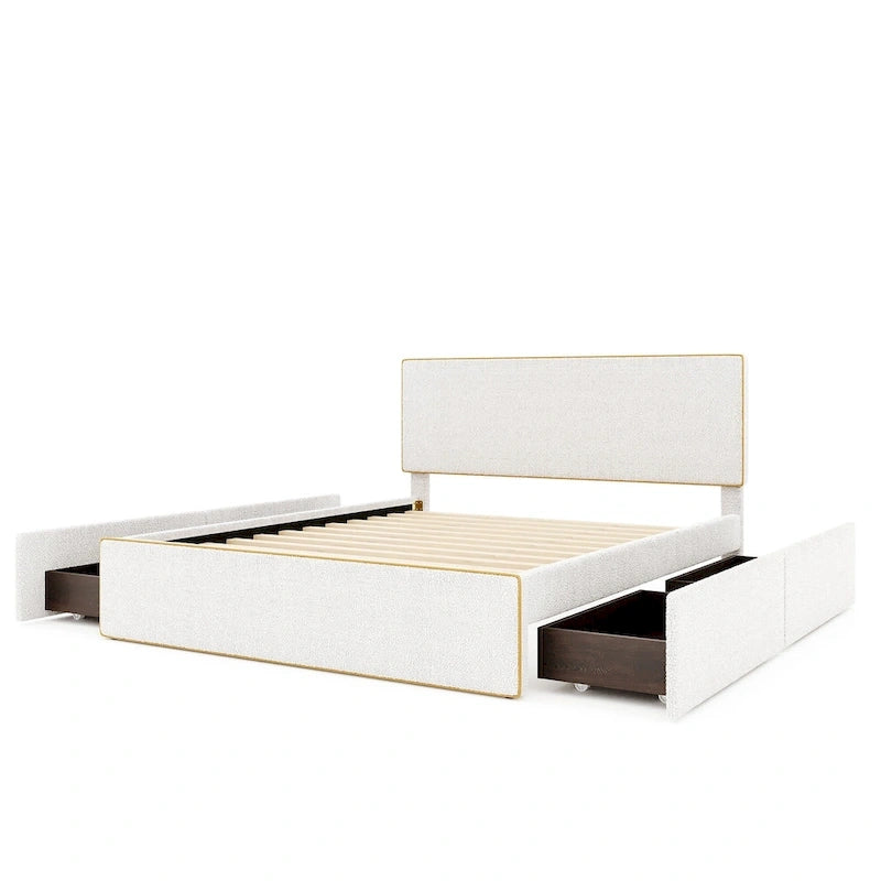 Lit plateforme tapissier blanc Queen avec 4 tiroirs de rangement, 1 personne