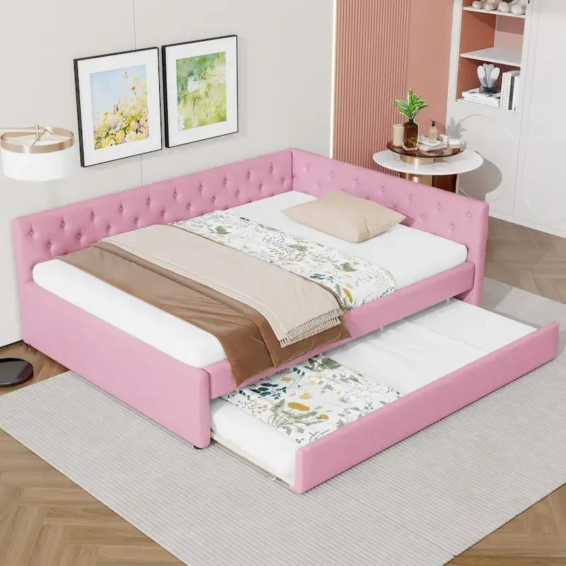 Canapé-lit capitonné en lin avec lit gigogne Twin XL, Full XL, Beige/Rose, 2 couchages
