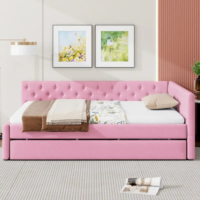 Canapé-lit capitonné en lin avec lit gigogne Twin XL, Full XL, Beige/Rose, 2 couchages