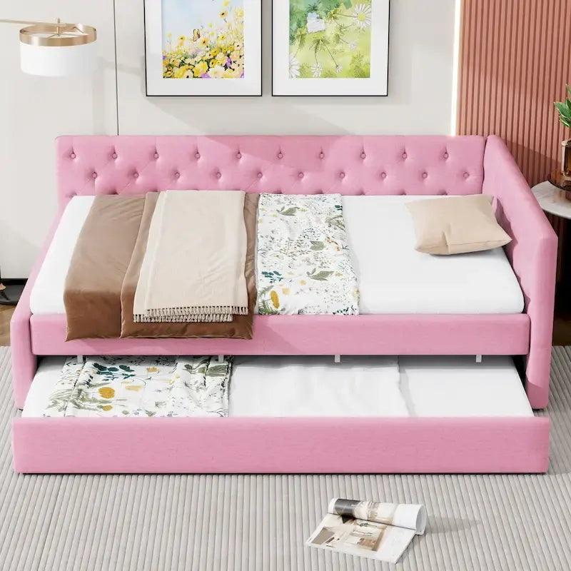 Canapé-lit capitonné en lin avec lit gigogne Twin XL, Full XL, Beige/Rose, 2 couchages