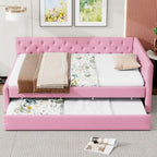 Canapé-lit capitonné en lin avec lit gigogne Twin XL, Full XL, Beige/Rose, 2 couchages