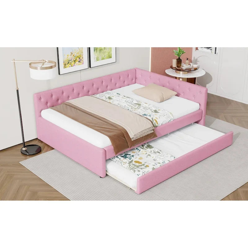 Canapé-lit capitonné en lin avec lit gigogne Twin XL, Full XL, Beige/Rose, 2 couchages