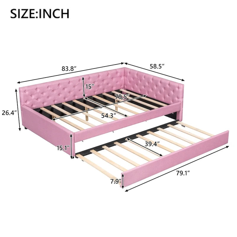 Canapé-lit capitonné en lin avec lit gigogne Twin XL, Full XL, Beige/Rose, 2 couchages