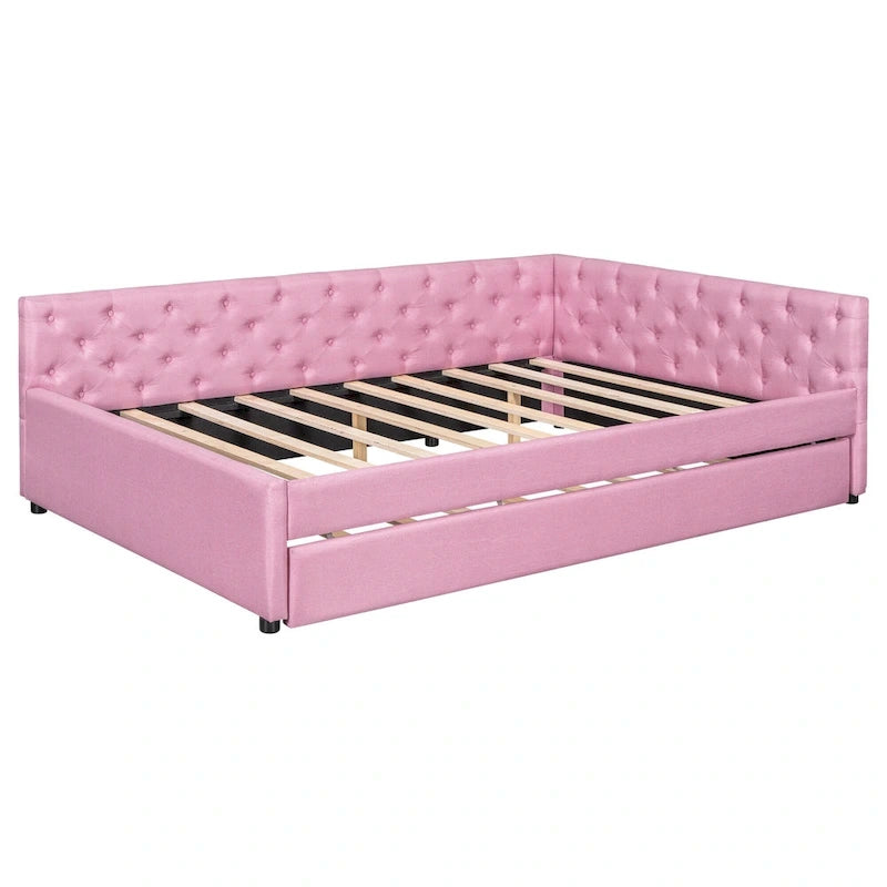 Canapé-lit capitonné en lin avec lit gigogne Twin XL, Full XL, Beige/Rose, 2 couchages