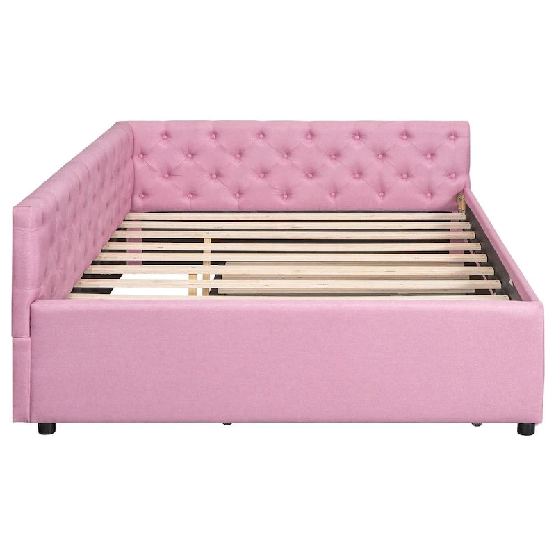 Canapé-lit capitonné en lin avec lit gigogne Twin XL, Full XL, Beige/Rose, 2 couchages