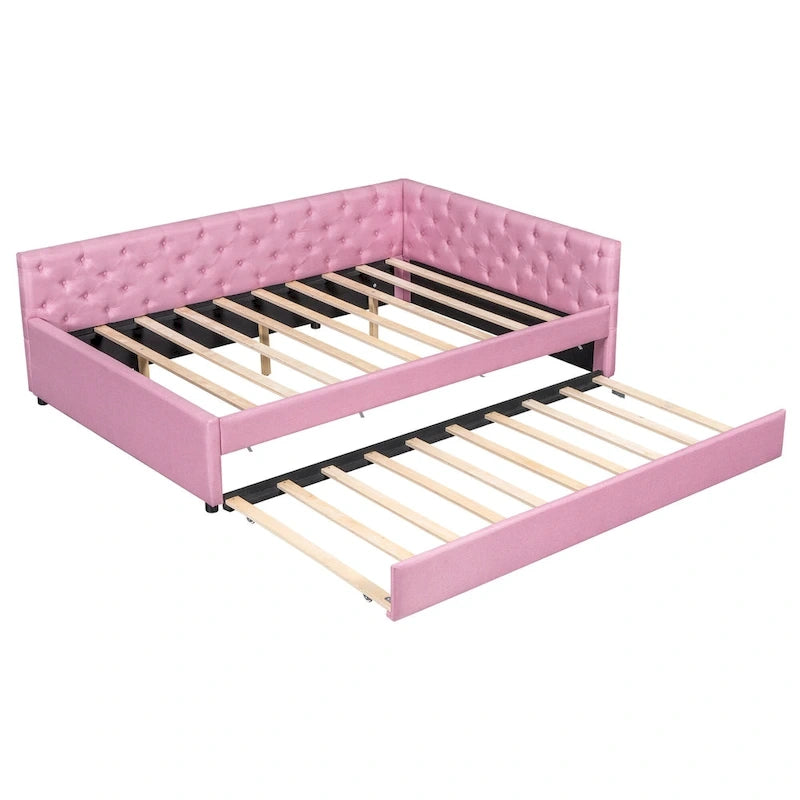 Canapé-lit capitonné en lin avec lit gigogne Twin XL, Full XL, Beige/Rose, 2 couchages