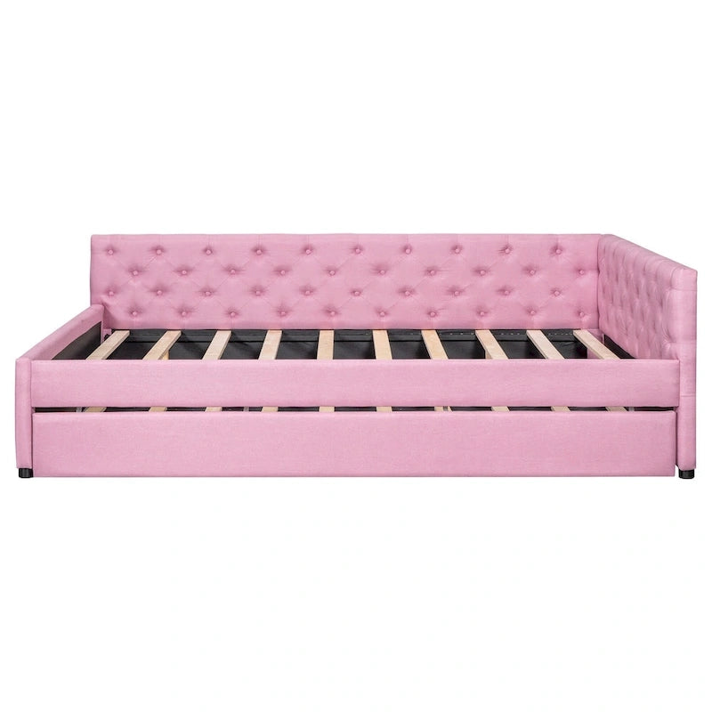 Canapé-lit capitonné en lin avec lit gigogne Twin XL, Full XL, Beige/Rose, 2 couchages