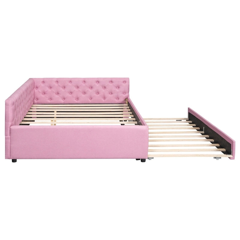 Canapé-lit capitonné en lin avec lit gigogne Twin XL, Full XL, Beige/Rose, 2 couchages