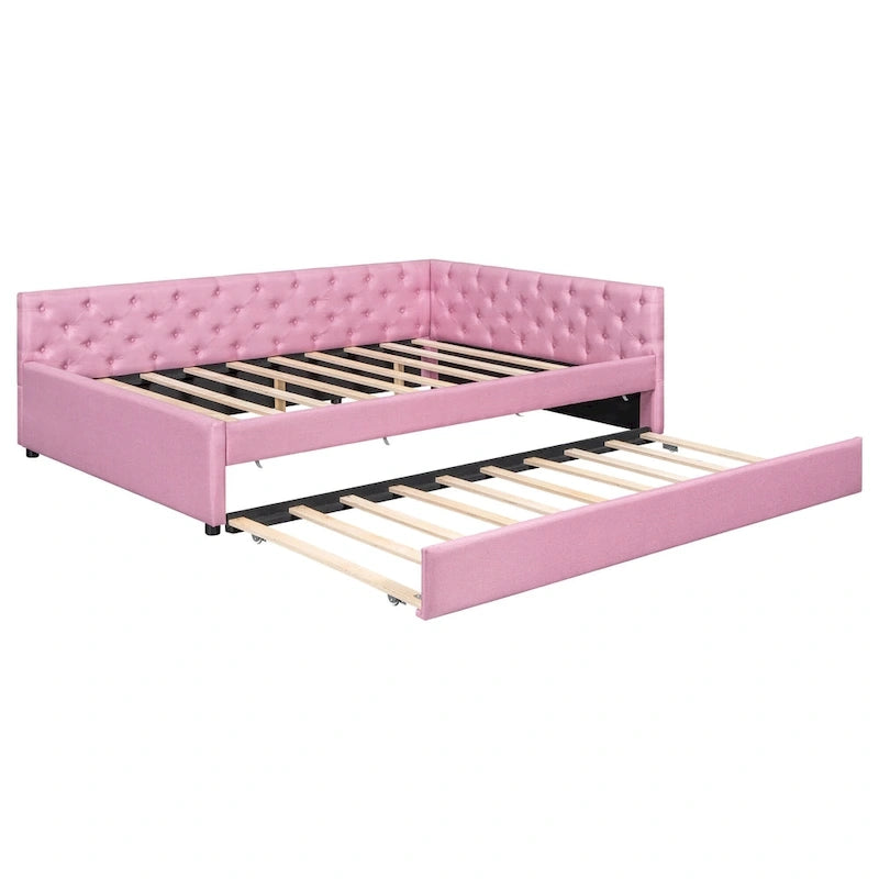 Canapé-lit capitonné en lin avec lit gigogne Twin XL, Full XL, Beige/Rose, 2 couchages
