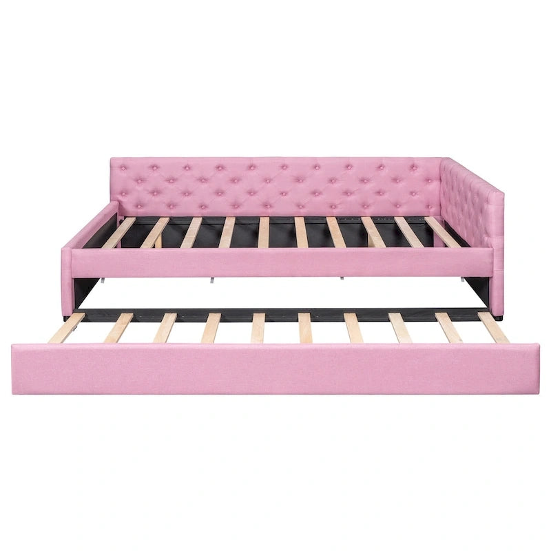 Canapé-lit capitonné en lin avec lit gigogne Twin XL, Full XL, Beige/Rose, 2 couchages