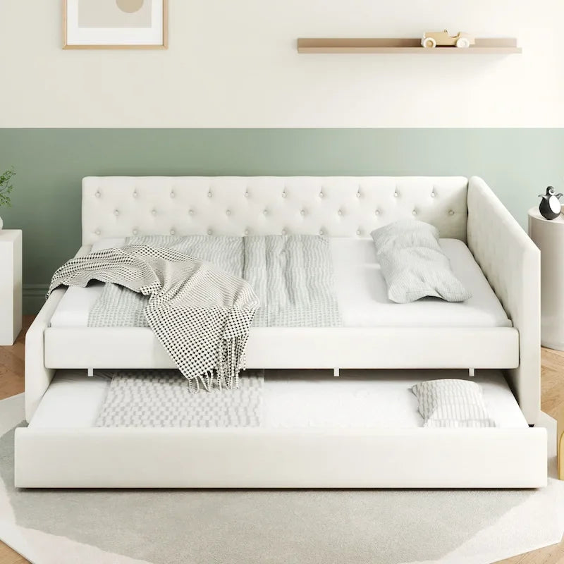 Canapé-lit capitonné en lin avec lit gigogne Twin XL, Full XL, Beige/Rose, 2 couchages