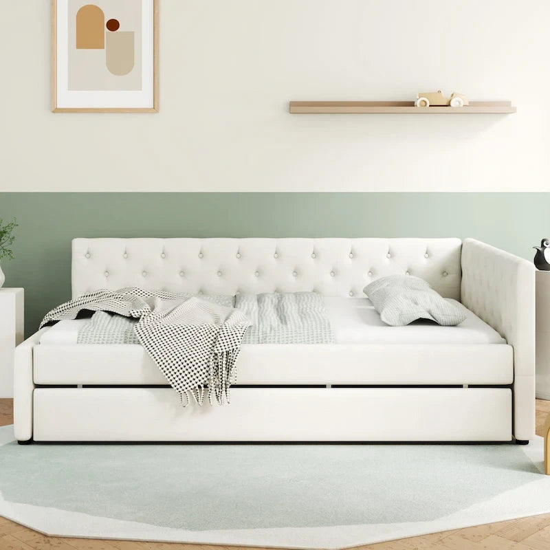Canapé-lit capitonné en lin avec lit gigogne Twin XL, Full XL, Beige/Rose, 2 couchages