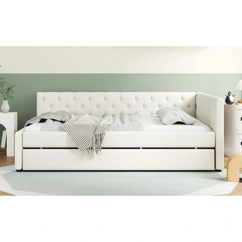 Canapé-lit capitonné en lin avec lit gigogne Twin XL, Full XL, Beige/Rose, 2 couchages