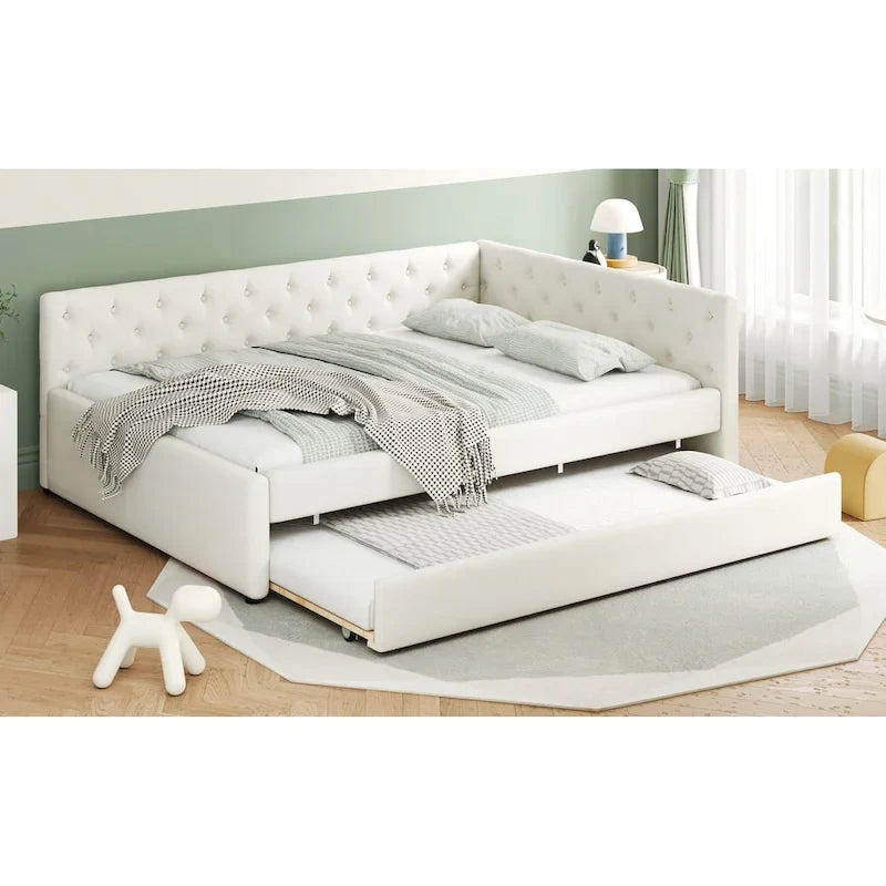 Canapé-lit capitonné en lin avec lit gigogne Twin XL, Full XL, Beige/Rose, 2 couchages
